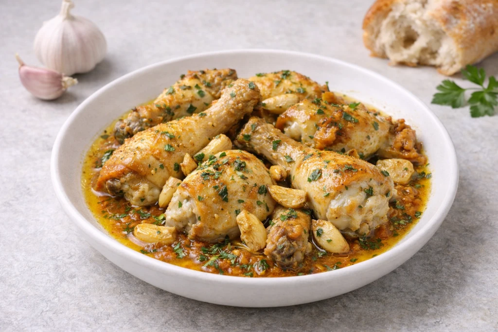 Pollo al ajillo tradicional con piezas doradas de pollo, ajos enteros y salsa de aceite de oliva con perejil fresco.