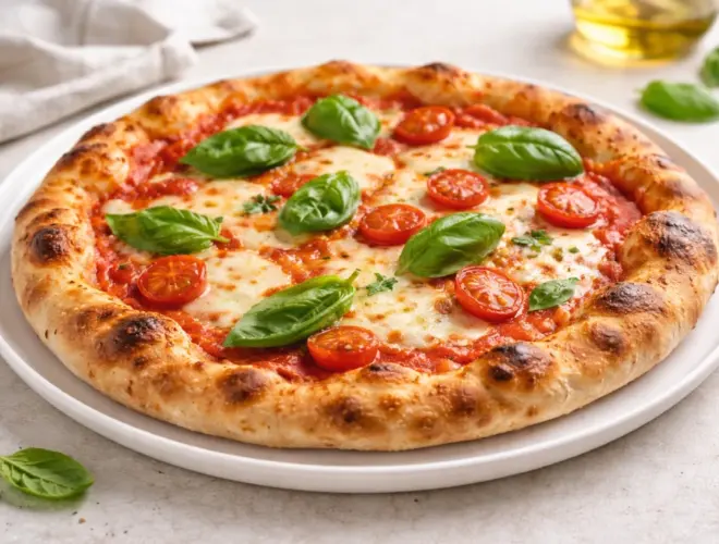 Pizza casera napolitana con borde dorado, tomate triturado, mozzarella fresca fundida y albahaca, en plato blanco con luz natural.