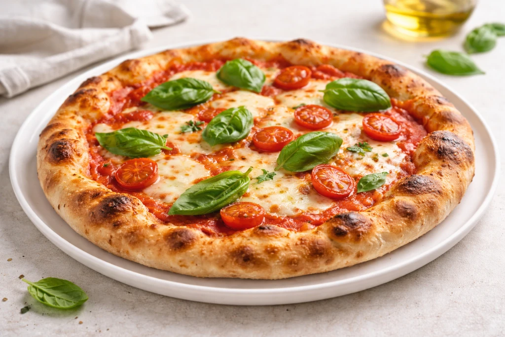 Pizza casera napolitana con borde dorado, tomate triturado, mozzarella fresca fundida y albahaca, en plato blanco con luz natural.