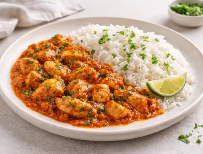 Pollo madr&aacute;s con salsa especiada y arroz basmati suelto, servido en plato blanco con luz natural y fondo neutro.