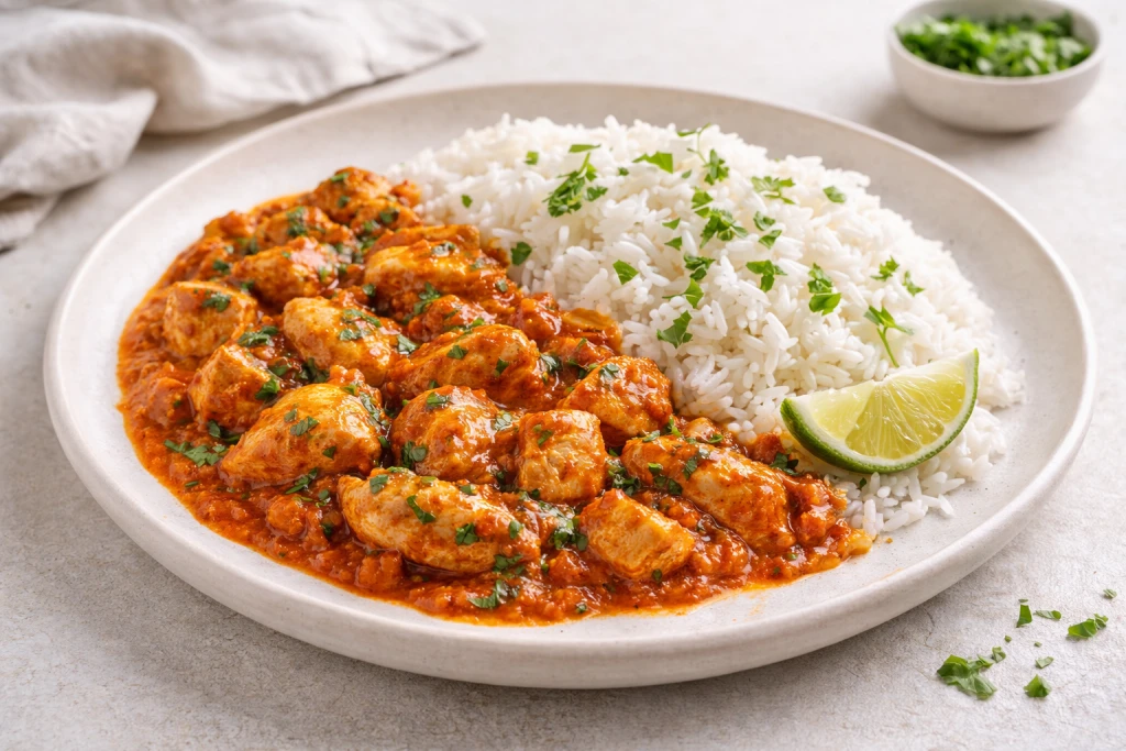 Pollo madr&aacute;s con salsa especiada y arroz basmati suelto, servido en plato blanco con luz natural y fondo neutro.