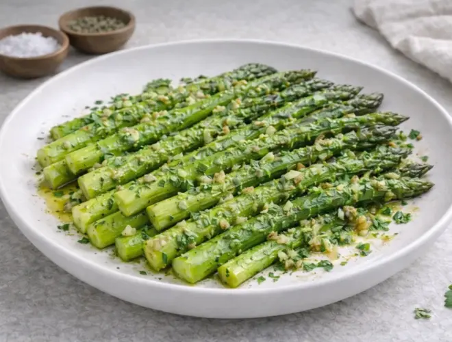 Guarnici&oacute;n de esp&aacute;rragos trigueros salteados con ajo y perejil, servidos en plato blanco con luz natural y fondo neutro.