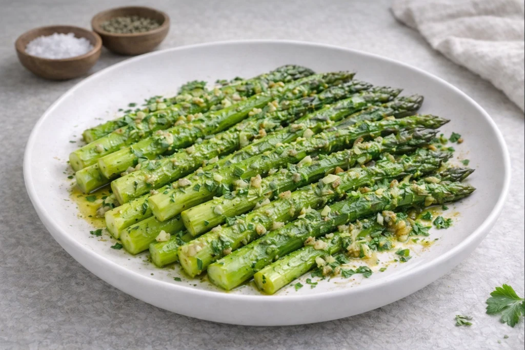 Guarnici&oacute;n de esp&aacute;rragos trigueros salteados con ajo y perejil, servidos en plato blanco con luz natural y fondo neutro.