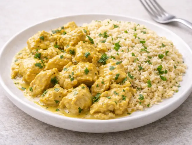 Pollo al curry con cusc&uacute;s servido en plato blanco, con salsa cremosa y cusc&uacute;s suelto, fotograf&iacute;a luminosa estilo gourmet.