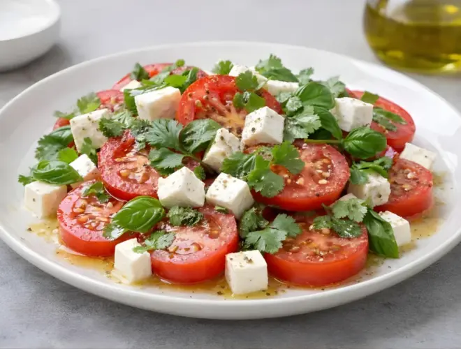 Ensalada de tomate y queso fresco al cilantro con rodajas de tomate, dados de queso fresco, hojas de cilantro y albahaca, aliñada con aceite de oliva y servida en plato blanco.