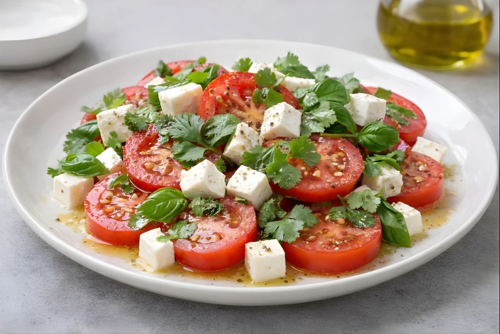 Ensalada de tomate y queso fresco al cilantro con rodajas de tomate, dados de queso fresco, hojas de cilantro y albahaca, ali&ntilde;ada con aceite de oliva y servida en plato blanco.