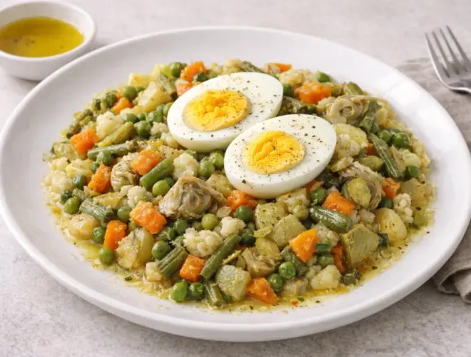 Menestra con huevo duro servida en plato blanco, verduras tiernas con aceite de oliva y dos mitades de huevo duro por encima, fotograf&iacute;a luminosa en fondo neutro.