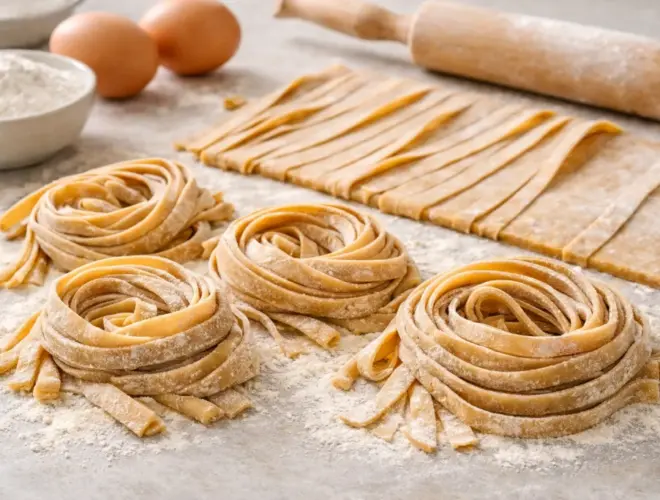 Pasta fresca casera de espelta reci&eacute;n cortada en nidos, con harina espolvoreada, huevos y rodillo sobre fondo neutro y luz natural.