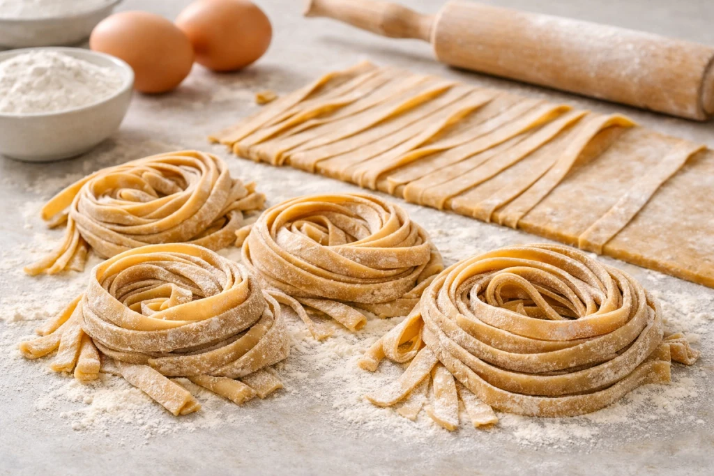 Pasta fresca casera de espelta reci&eacute;n cortada en nidos, con harina espolvoreada, huevos y rodillo sobre fondo neutro y luz natural.