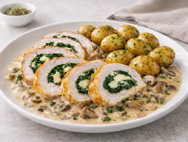 Pavo relleno de espinacas y queso en salsa de setas con patata baby al horno, emplatado gourmet y luminoso