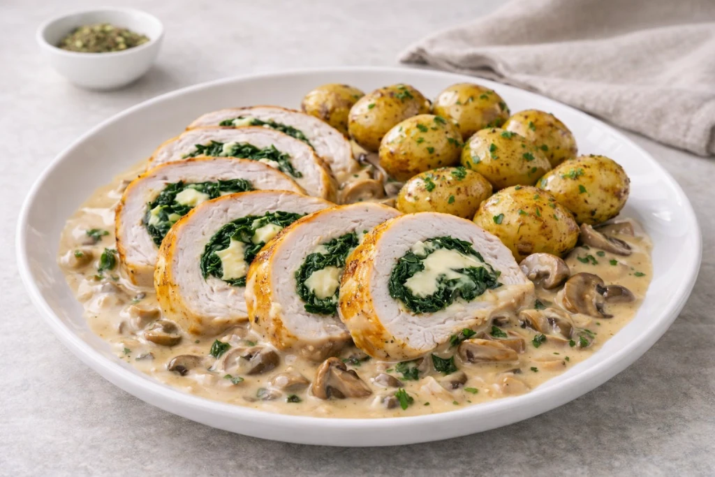 Pavo relleno de espinacas y queso en salsa de setas con patata baby al horno, emplatado gourmet y luminoso