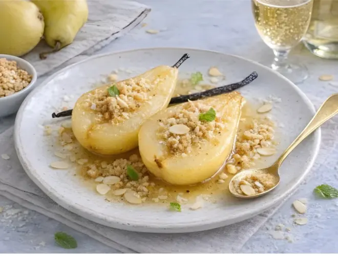 Peras al cava y vainilla servidas templadas con crumble crujiente de almendra sobre plato cer&aacute;mico