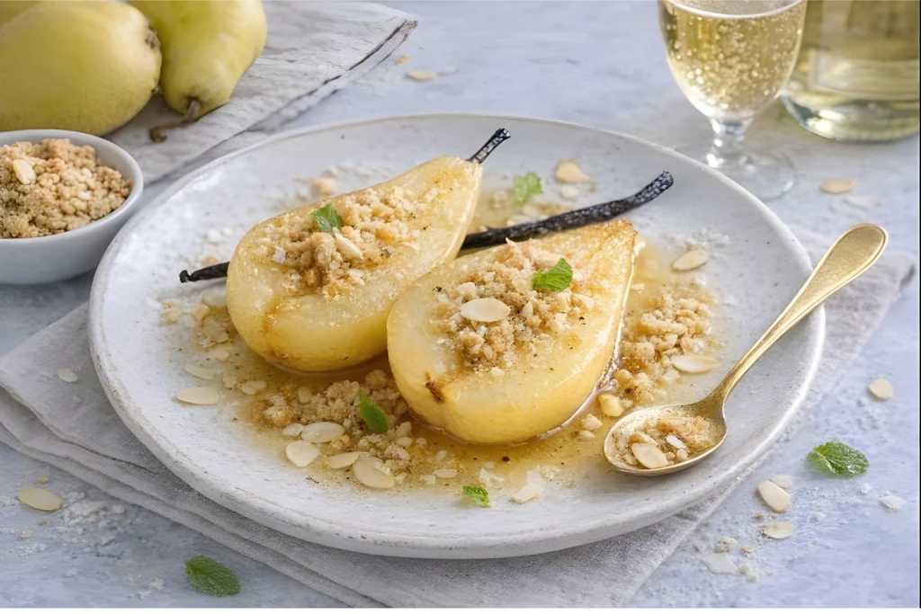 Peras al cava y vainilla servidas templadas con crumble crujiente de almendra sobre plato cer&aacute;mico