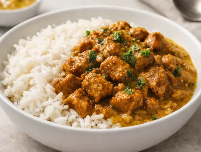 Pollo al curry y arroz basmati servido en bol blanco, salsa cremosa dorada y arroz suelto, presentaci&oacute;n gourmet y luminosa.