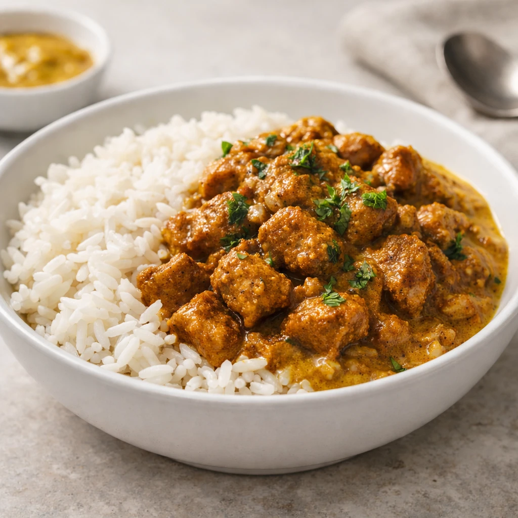 Pollo al curry y arroz basmati servido en bol blanco, salsa cremosa dorada y arroz suelto, presentaci&oacute;n gourmet y luminosa.