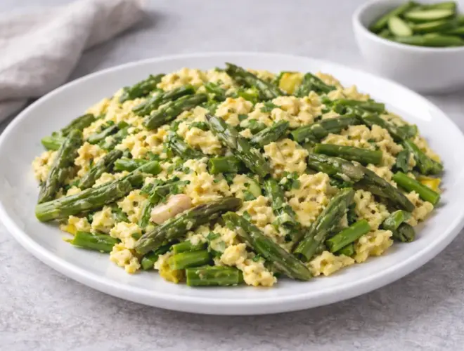 Revuelto de esp&aacute;rragos verdes y ajetes con huevo, servido en plato blanco con luz natural y fondo neutro