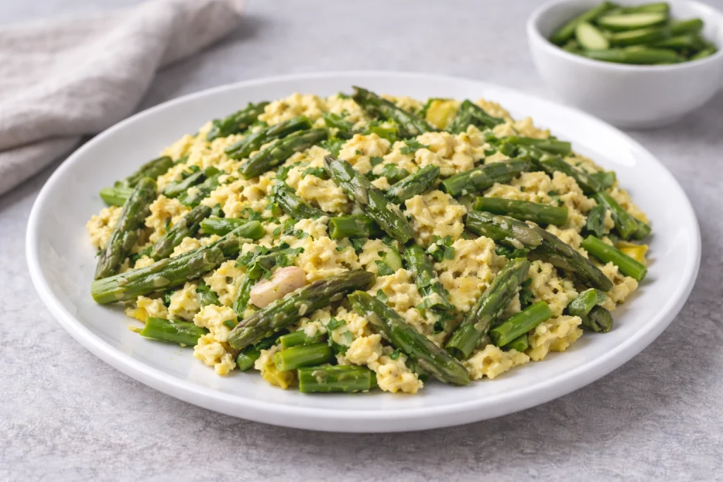 Revuelto de esp&aacute;rragos verdes y ajetes con huevo, servido en plato blanco con luz natural y fondo neutro