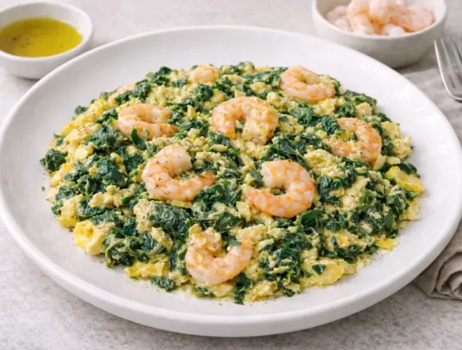 Revuelto de espinacas con gambas, jugoso y reci&eacute;n hecho, servido en plato blanco con luz natural y fondo neutro