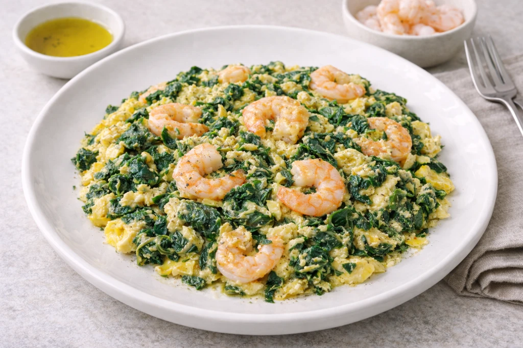 Revuelto de espinacas con gambas, jugoso y reci&eacute;n hecho, servido en plato blanco con luz natural y fondo neutro