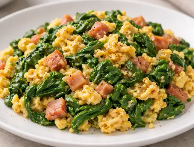 Revuelto de espinacas con jam&oacute;n en plato blanco, huevos cremosos y espinacas salteadas, presentaci&oacute;n gourmet luminosa.