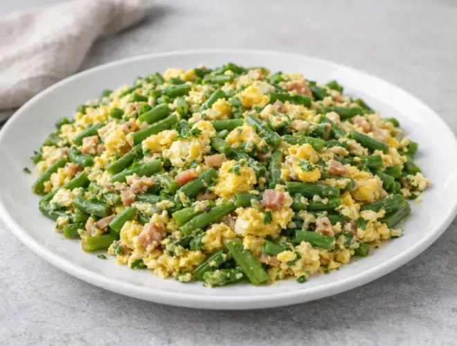Revuelto de jud&iacute;as verdes con huevo y ajo, servido en plato blanco con luz natural suave y fondo neutro