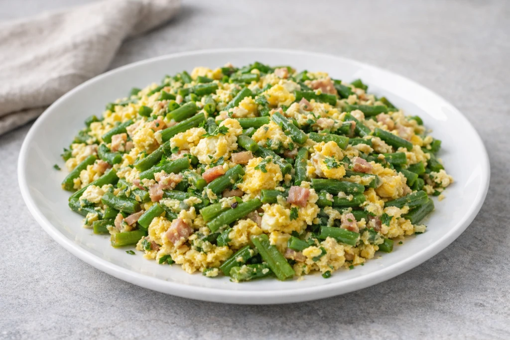 Revuelto de jud&iacute;as verdes con huevo y ajo, servido en plato blanco con luz natural suave y fondo neutro