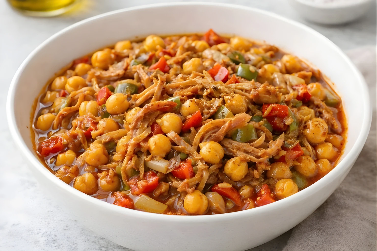 Ropa vieja siglo XXI en cuenco blanco con garbanzos y carne deshilachada, pimientos rojo y verde y salsa de tomate, en fondo neutro y luminoso