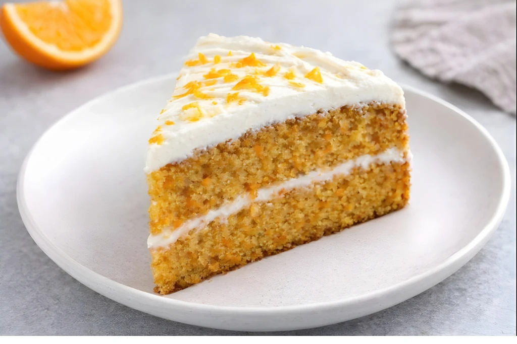 Tarta de zanahoria y naranja con miga jugosa y acabado dorado, servida en plato blanco con luz natural y fondo neutro.