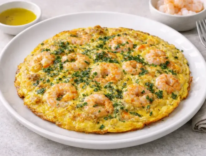 Tortilla de gambas dorada y jugosa en plato blanco, con gambas visibles y acabado de perejil, fotograf&iacute;a luminosa con fondo neutro.