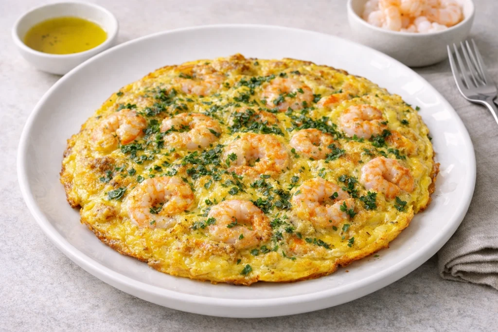 Tortilla de gambas dorada y jugosa en plato blanco, con gambas visibles y acabado de perejil, fotograf&iacute;a luminosa con fondo neutro.