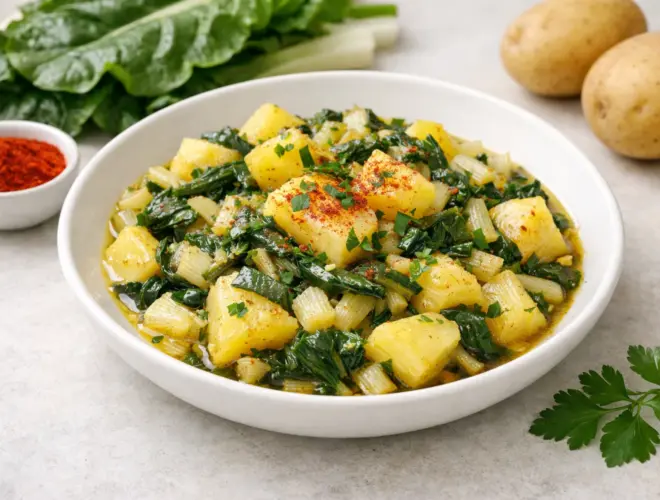 Acelgas con patatas al perejil en cuenco blanco, con dados de patata tierna, acelgas salteadas y toque de piment&oacute;n.