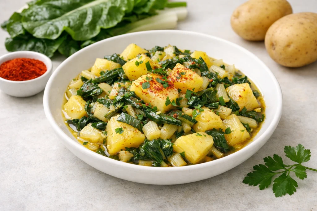 Acelgas con patatas al perejil en cuenco blanco, con dados de patata tierna, acelgas salteadas y toque de piment&oacute;n.
