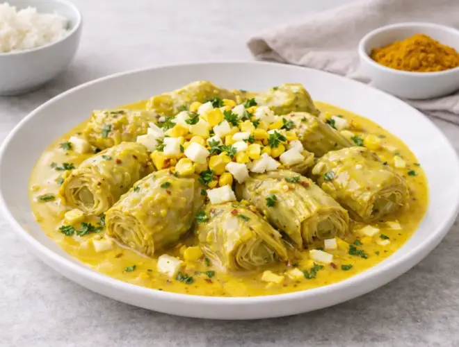 Alcachofas al curry en salsa cremosa con huevo cocido picado, presentaci&oacute;n gourmet y luminosa