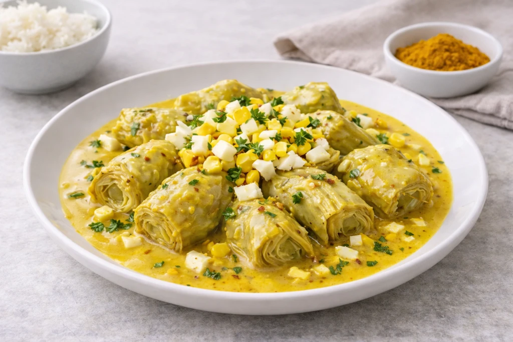 Alcachofas al curry en salsa cremosa con huevo cocido picado, presentaci&oacute;n gourmet y luminosa