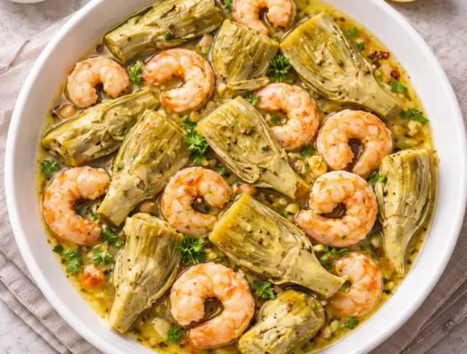 Alcachofas con gambas salteadas en sart&eacute;n, con alcachofas tiernas y gambas jugosas en aceite de oliva con ajo y lim&oacute;n, foto luminosa y realista.