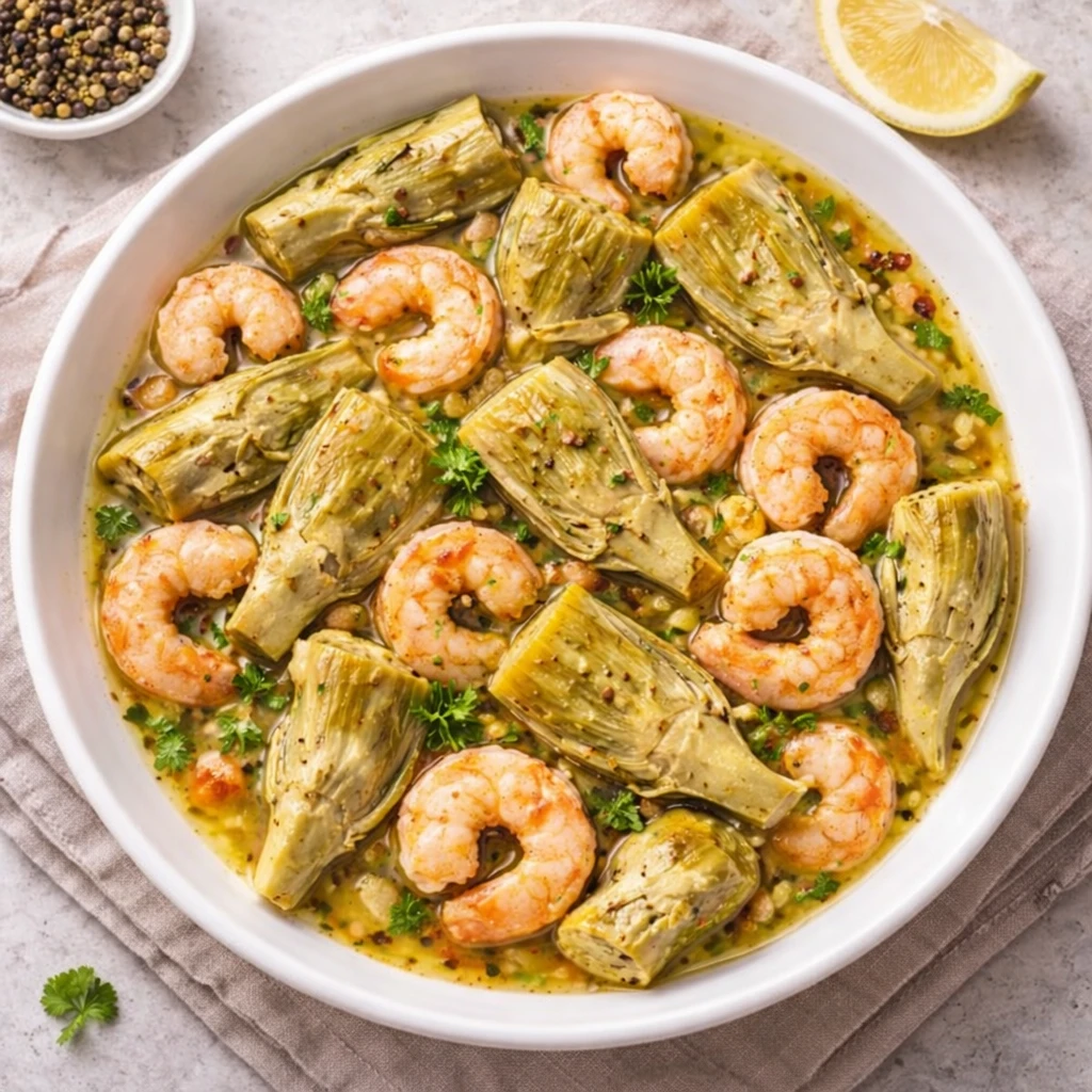 Alcachofas con gambas salteadas en sart&eacute;n, con alcachofas tiernas y gambas jugosas en aceite de oliva con ajo y lim&oacute;n, foto luminosa y realista.
