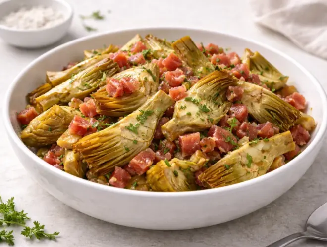 Alcachofas con jam&oacute;n serrano salteadas con ajo y aceite de oliva, servidas en bol blanco con luz natural y fondo neutro