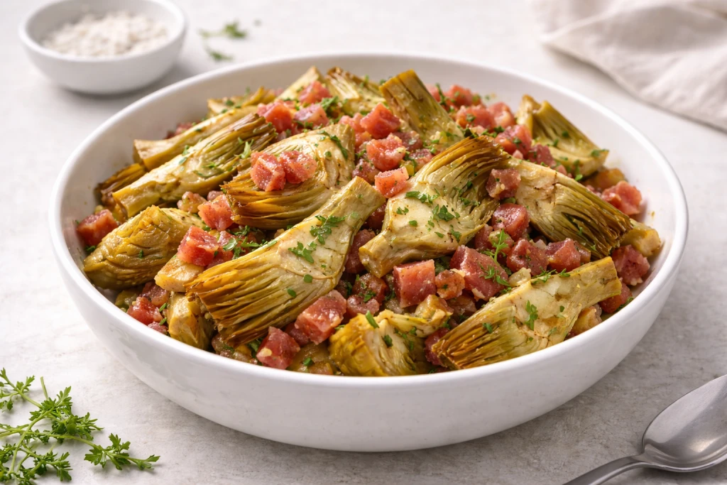 Alcachofas con jam&oacute;n serrano salteadas con ajo y aceite de oliva, servidas en bol blanco con luz natural y fondo neutro