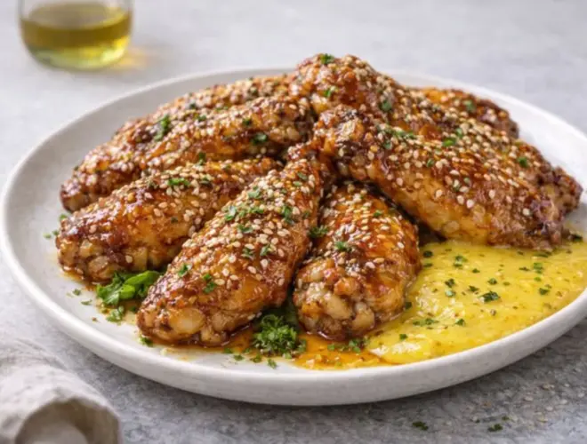 Alitas de pollo agridulce con s&eacute;samo glaseadas, servidas sobre hojas de lechuga en fuente blanca, con luz natural y estilo gourmet.