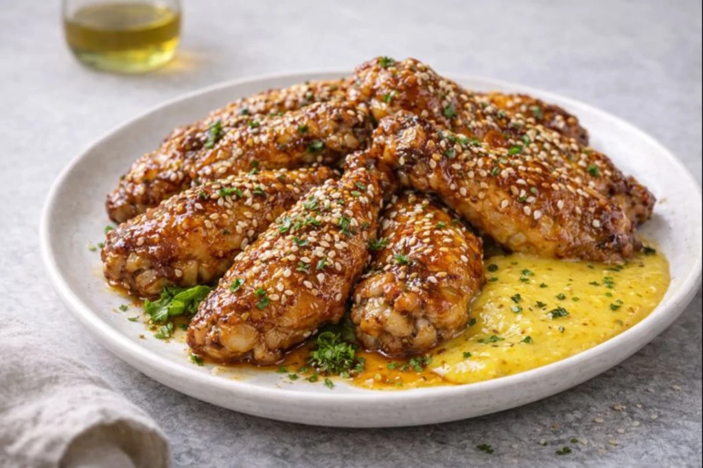 Alitas de pollo agridulce con s&eacute;samo glaseadas, servidas sobre hojas de lechuga en fuente blanca, con luz natural y estilo gourmet.