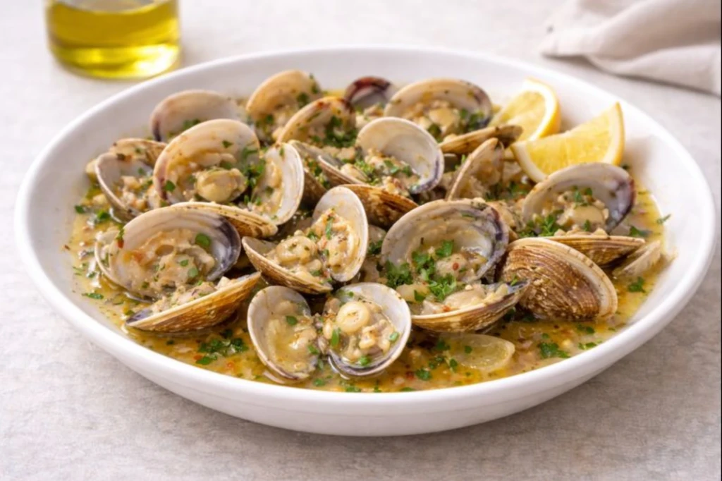 Almejas salteadas con lim&oacute;n en plato blanco, con salsa ligera de ajo y perejil y gajos de lim&oacute;n, fotograf&iacute;a luminosa y realista.