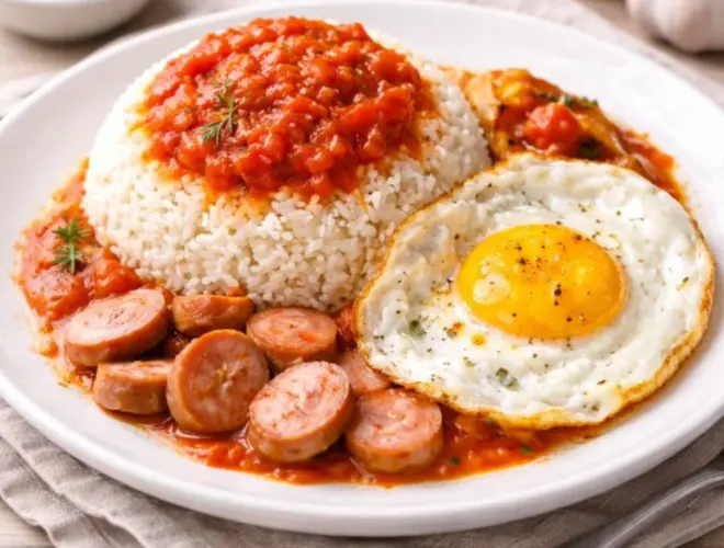 Arroz a la cubana en plato blanco con arroz suelto, salsa de tomate por encima, huevo frito y salchichas en rodajas, fotograf&iacute;a luminosa y realista.