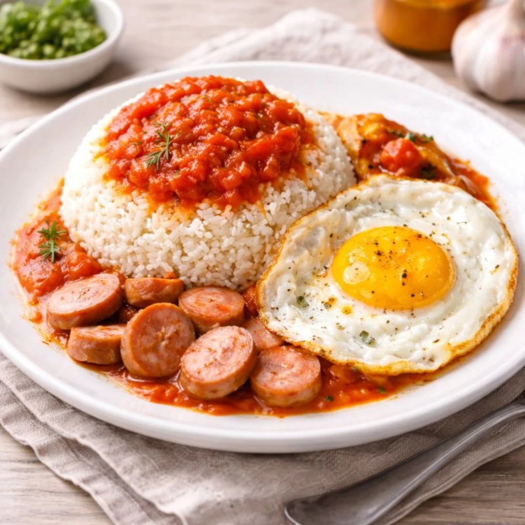 Arroz a la cubana en plato blanco con arroz suelto, salsa de tomate por encima, huevo frito y salchichas en rodajas, fotograf&iacute;a luminosa y realista.