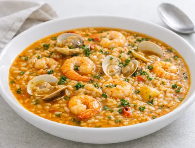 Arroz caldoso con gambas y almejas en caldo de pescado, servido en plato hondo blanco con luz natural muy luminosa