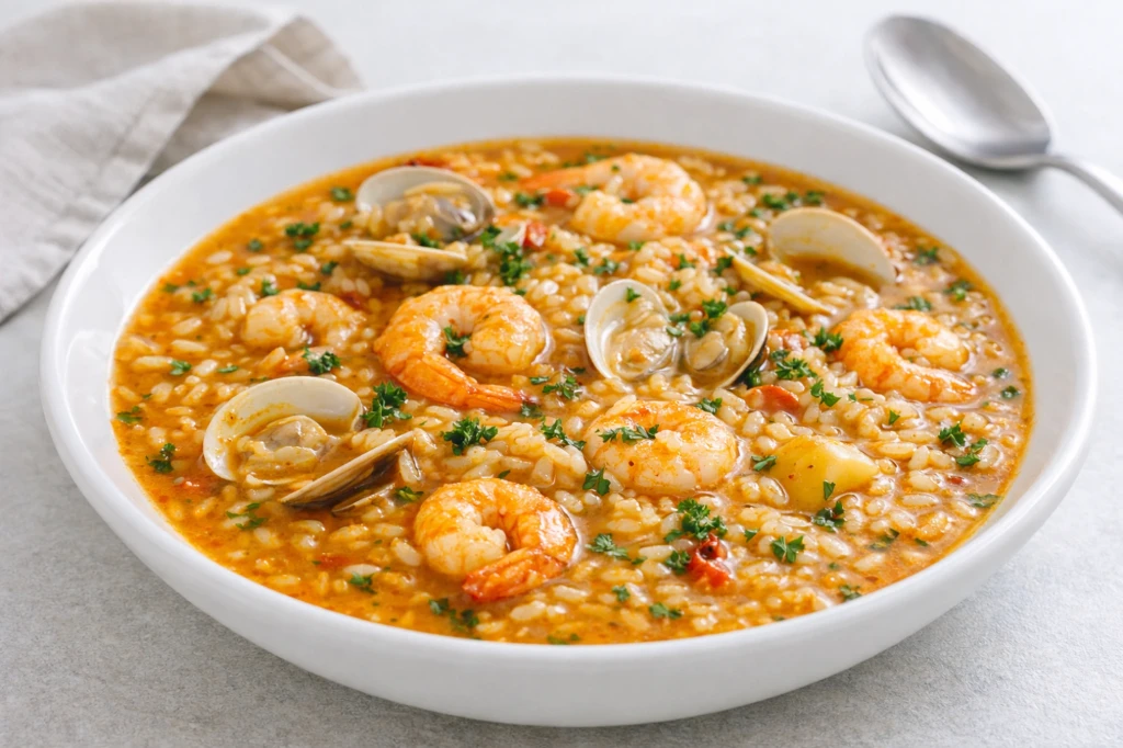 Arroz caldoso con gambas y almejas en caldo de pescado, servido en plato hondo blanco con luz natural muy luminosa