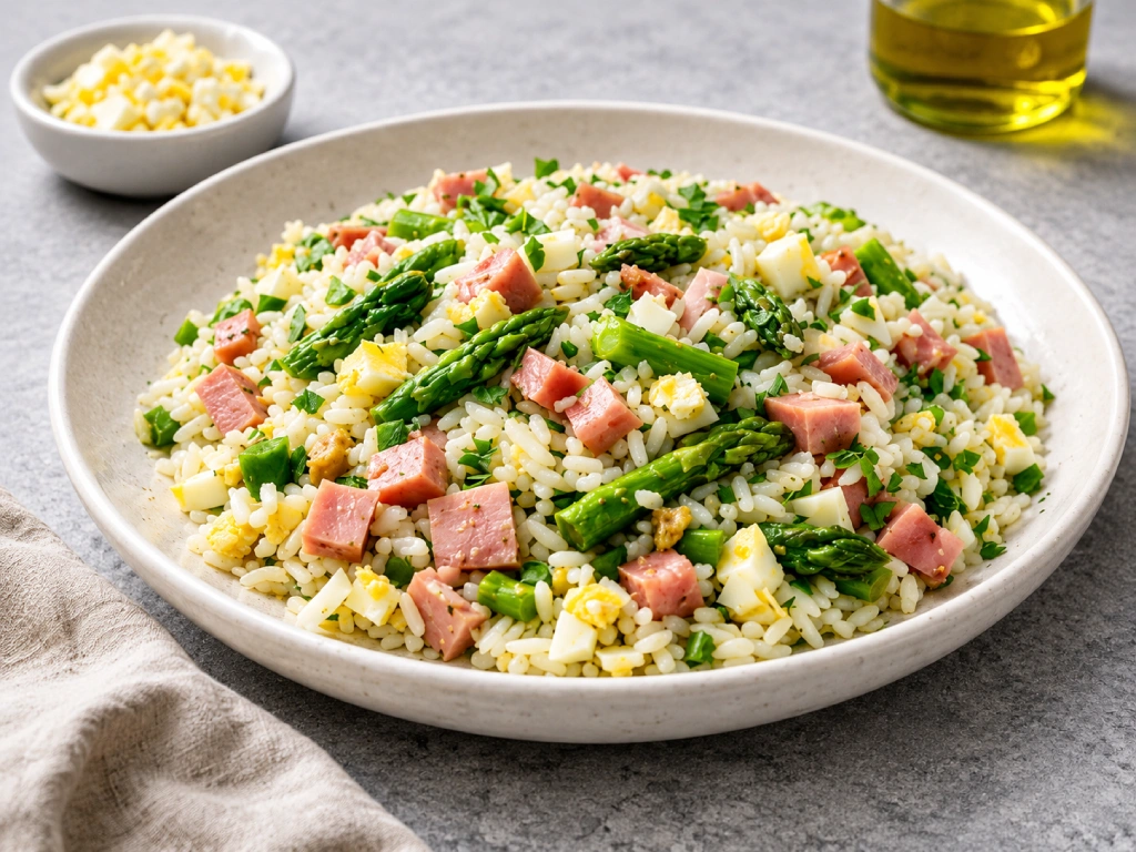 Arroz con jam&oacute;n y esp&aacute;rragos servido en plato cer&aacute;mico neutro, con esp&aacute;rragos verdes y huevo cocido, luz natural y acabado gourmet.
