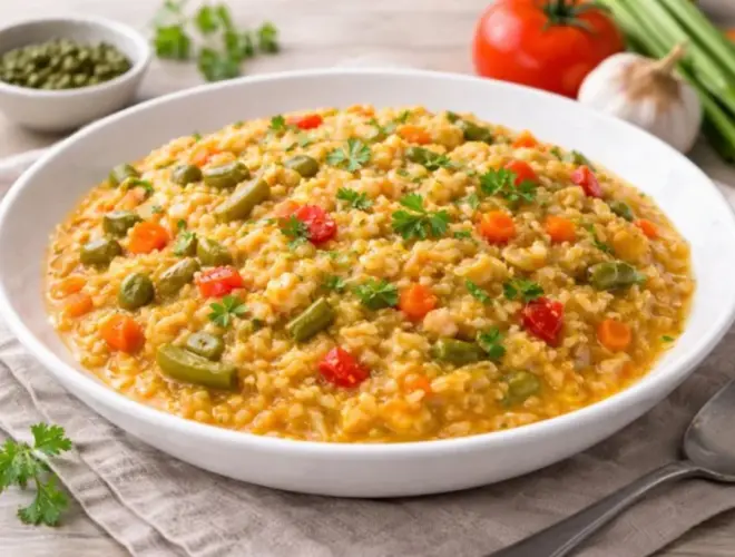 Arroz con verdura meloso servido en bol blanco, con zanahoria, jud&iacute;as verdes, pimiento y un toque de azafr&aacute;n, en una escena muy luminosa.