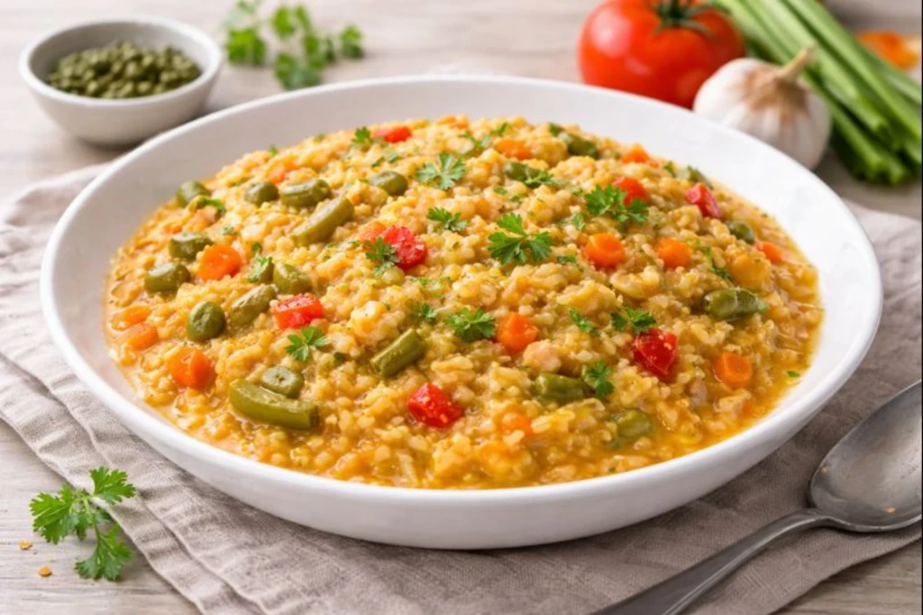 Arroz con verdura meloso servido en bol blanco, con zanahoria, jud&iacute;as verdes, pimiento y un toque de azafr&aacute;n, en una escena muy luminosa.