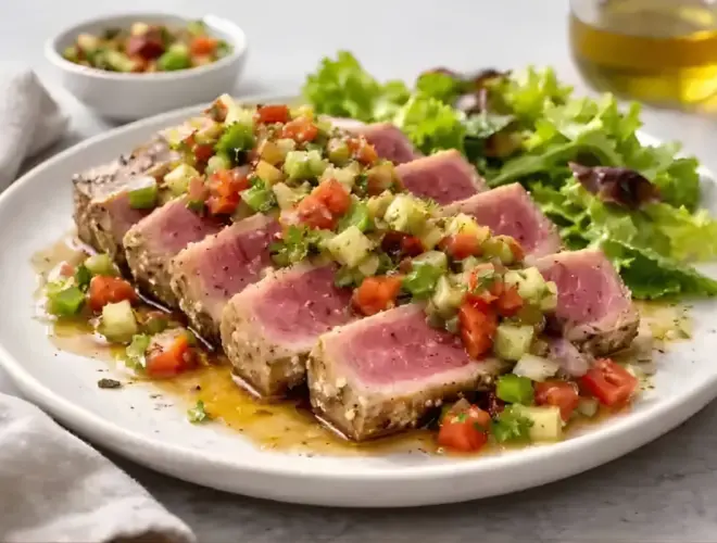 At&uacute;n en vinagreta con dados de tomate, pepino, cebolla y pimiento verde, ali&ntilde;ado con aceite de oliva y vinagre bals&aacute;mico sobre plato neutro