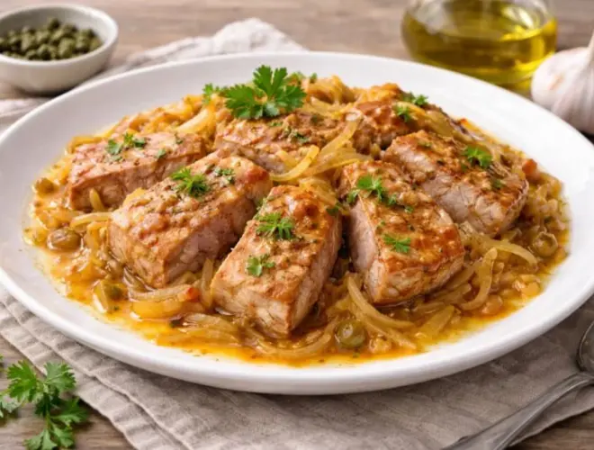 At&uacute;n encebollado con tacos de at&uacute;n marcados y cebolla pochada en juliana, servido en plato blanco con salsa ligera de aceite de oliva y perejil.